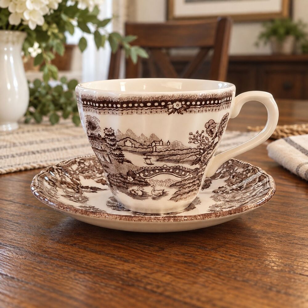 Churchill Brown Transferware Cup & Saucer Landscape Floral Made Malaysia